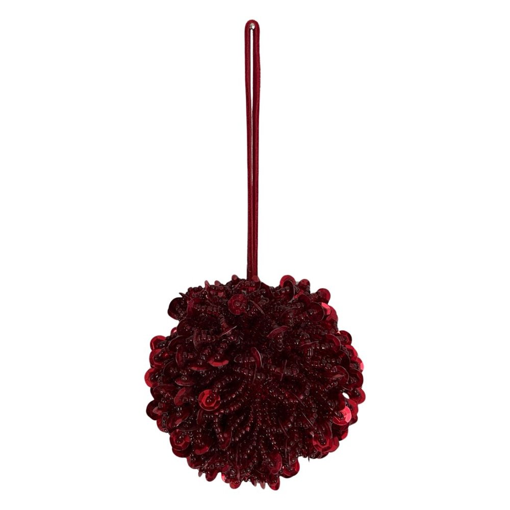 Christmas Ornament Red Sequin Beaded Ball Fancy Holiday Tree Decoration